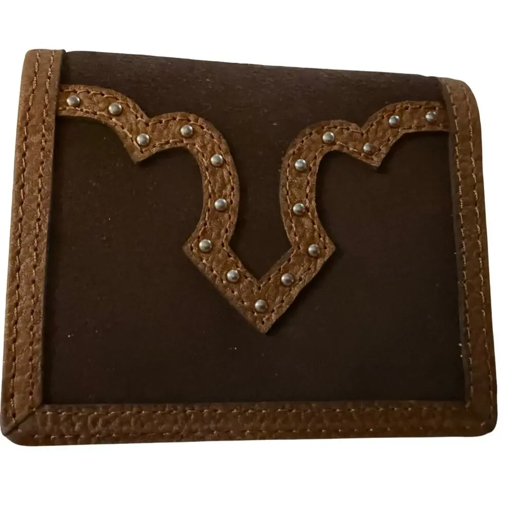 Justin Bifold Front Pocket Wallet, Brown Suede Leather, Tan Yoke & Studs, NWT
